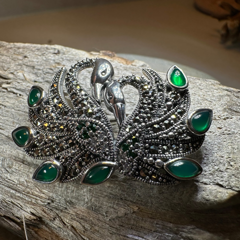 Load image into Gallery viewer, Children of Lir Marcasite Swan Brooch in Sterling Silver
