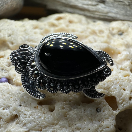 Aryn Onyx Turtle Brooch in Sterling Silver