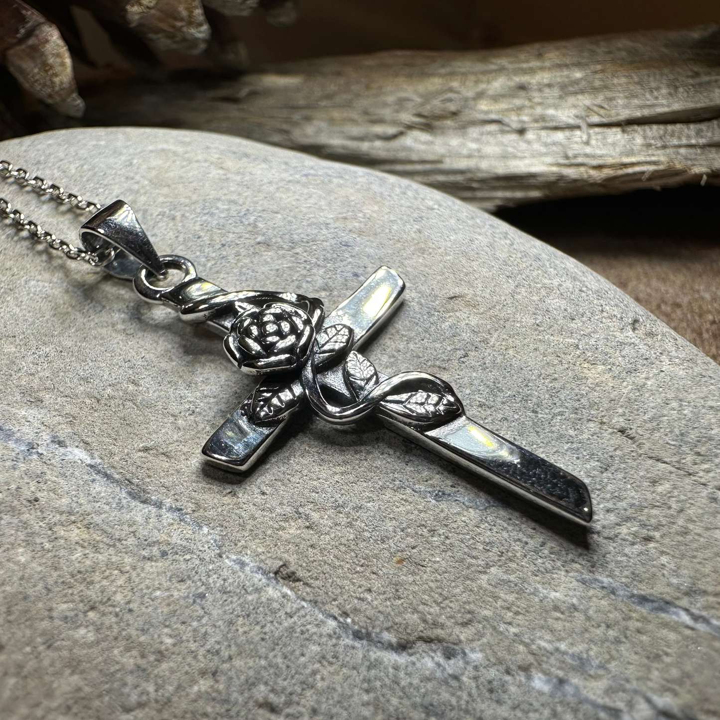 Faithful Rose Cross Necklace in Sterling Silver — view 7