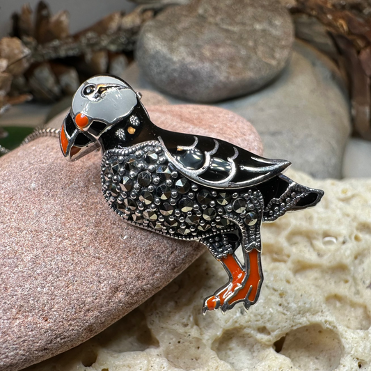 Coastal Puffin Marcasite Brooch in Sterling Silver