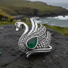 Load image into Gallery viewer, Eala Marcasite Swan Brooch in Sterling Silver