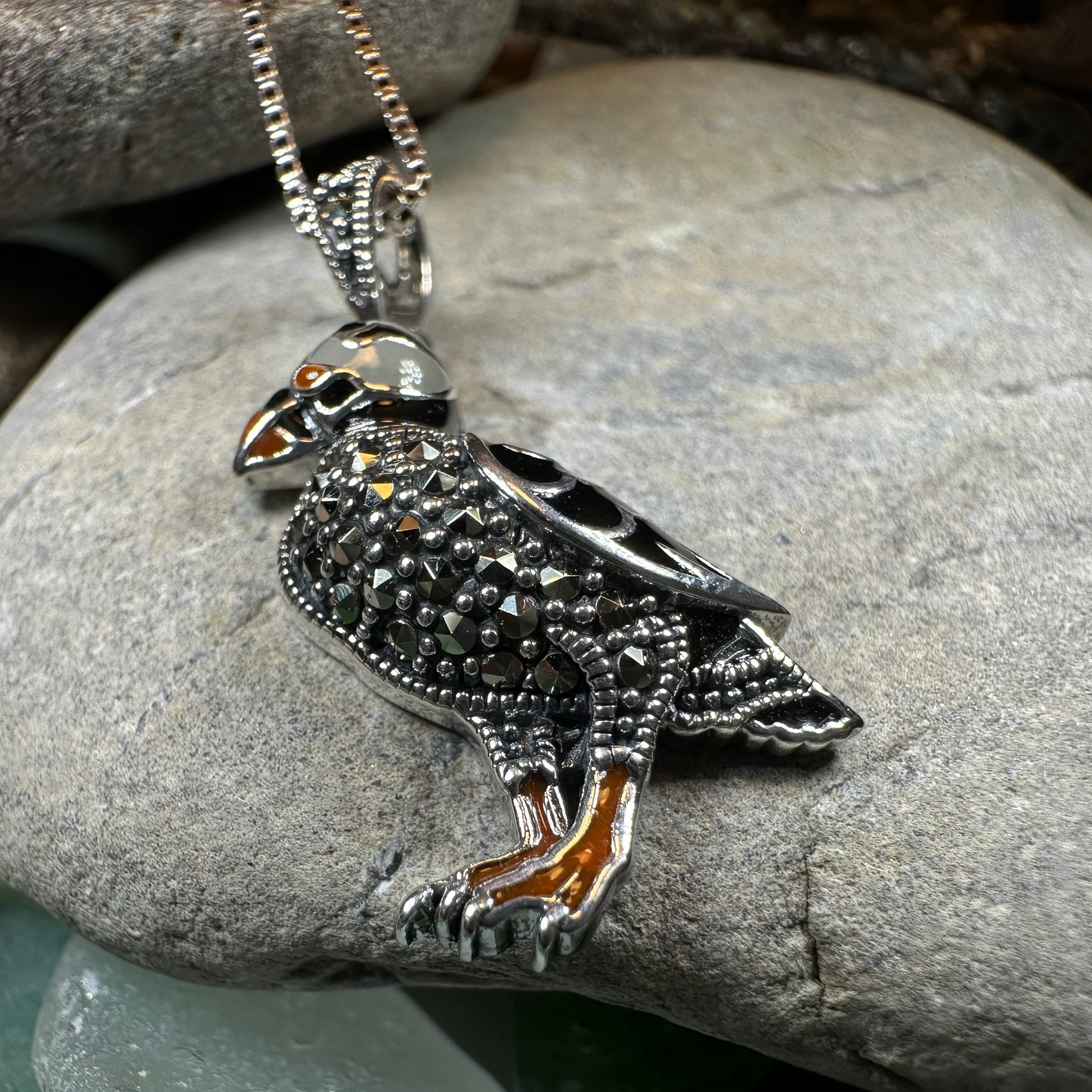 Coastal Puffin Marcasite Necklace in Sterling Silver