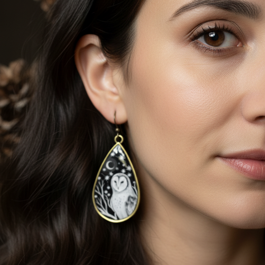 Night Sky Barn Owl Earrings - Handmade in the USA