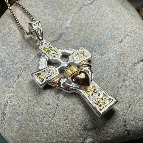 Load image into Gallery viewer, Tri-Color Irish Claddagh Cross Necklace