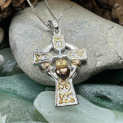 Load image into Gallery viewer, Tri-Color Irish Claddagh Cross Necklace