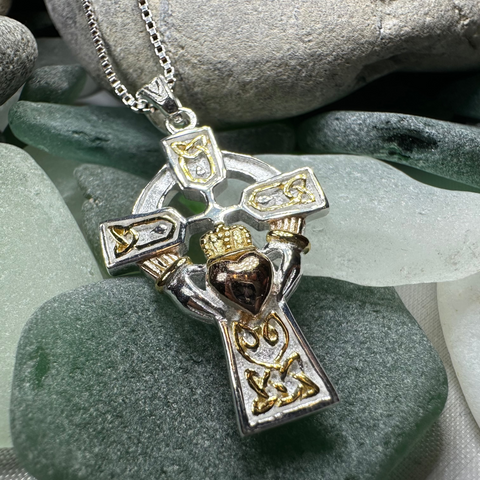 Load image into Gallery viewer, Tri-Color Irish Claddagh Cross Necklace
