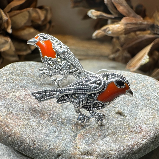 Redbreasted Robin Marcasite Earrings in Sterling Silver