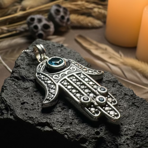 Load image into Gallery viewer, Blue Dream Hamsa Hand Necklace in Sterling Silver