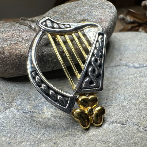 Load image into Gallery viewer, Golden Celtic Irish Harp Necklace