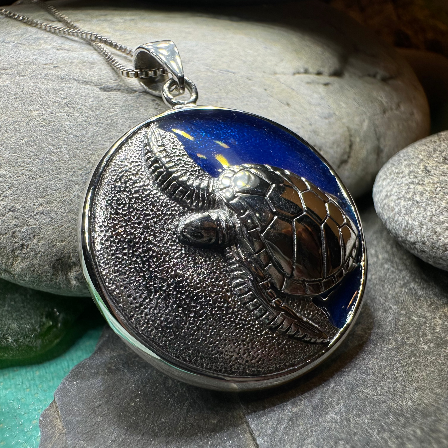 Blue Loggerhead Turtle Necklace in Sterling Silver