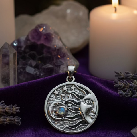 Load image into Gallery viewer, Celestial Wind Moon & Sun Necklace with Moonstone