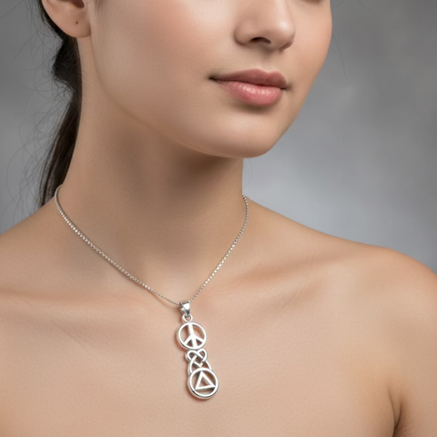 Load image into Gallery viewer, Peace, Love, & Sobriety Celtic AA Necklace in Sterling Silver