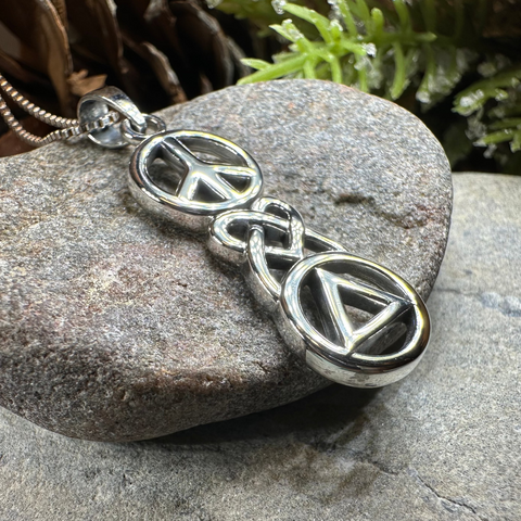 Load image into Gallery viewer, Peace, Love, & Sobriety Celtic AA Necklace in Sterling Silver