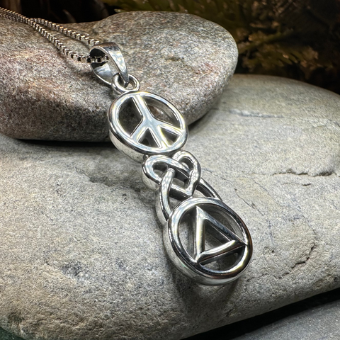 Load image into Gallery viewer, Peace, Love, & Sobriety Celtic AA Necklace in Sterling Silver