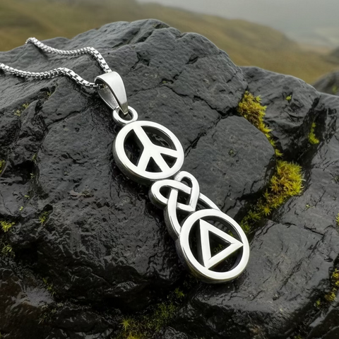 Load image into Gallery viewer, Peace, Love, & Sobriety Celtic AA Necklace in Sterling Silver