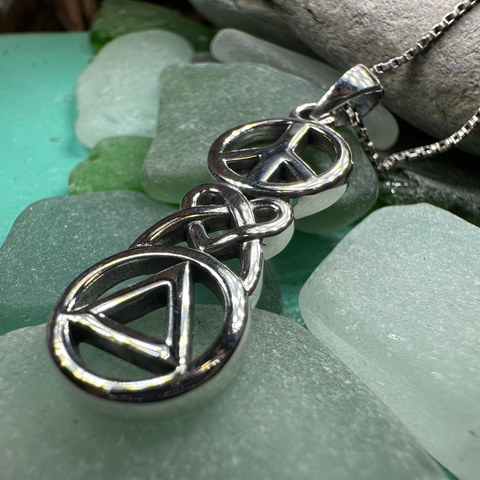 Load image into Gallery viewer, Peace, Love, & Sobriety Celtic AA Necklace in Sterling Silver