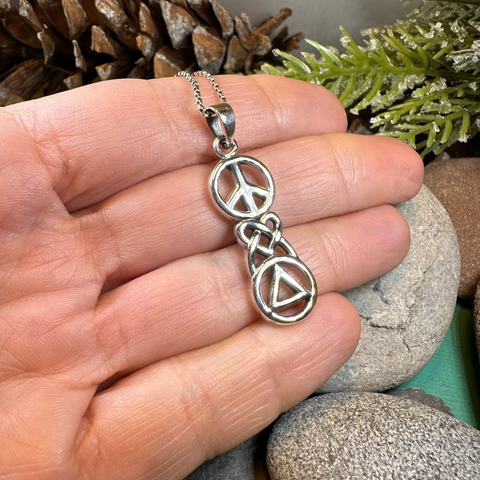 Load image into Gallery viewer, Peace, Love, & Sobriety Celtic AA Necklace in Sterling Silver