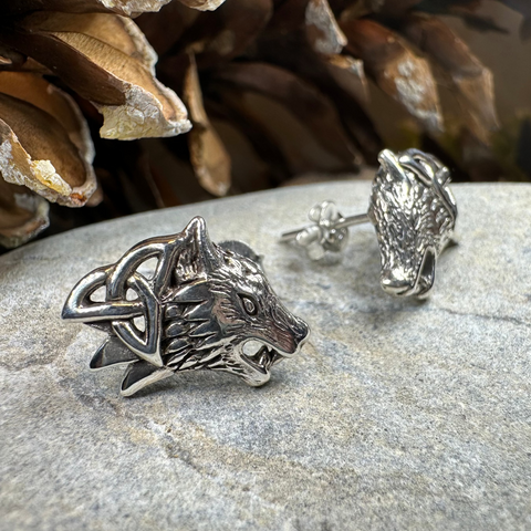 Load image into Gallery viewer, Annar Celtic Wolf Earrings in Sterling Silver