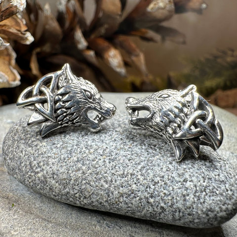 Load image into Gallery viewer, Annar Celtic Wolf Earrings in Sterling Silver