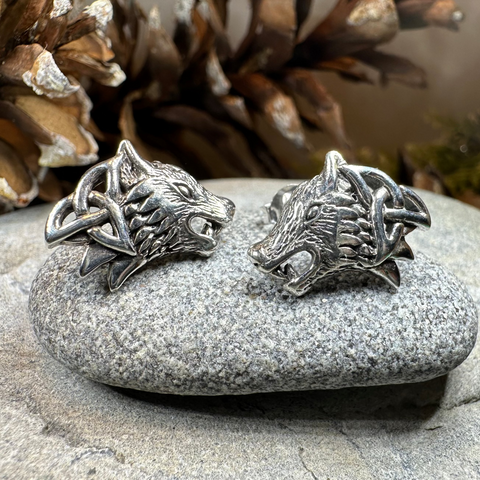 Load image into Gallery viewer, Annar Celtic Wolf Earrings in Sterling Silver