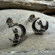 Load image into Gallery viewer, Celtic Cat & Crescent Moon Stud Earrings