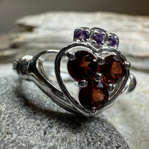 Load image into Gallery viewer, Irish True Love Garnet Claddagh Ring in Sterling Silver