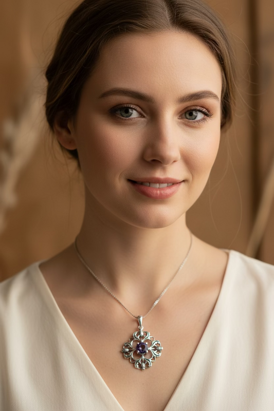 Dolina Amethyst Scottish Thistle Necklace in Sterling Silver