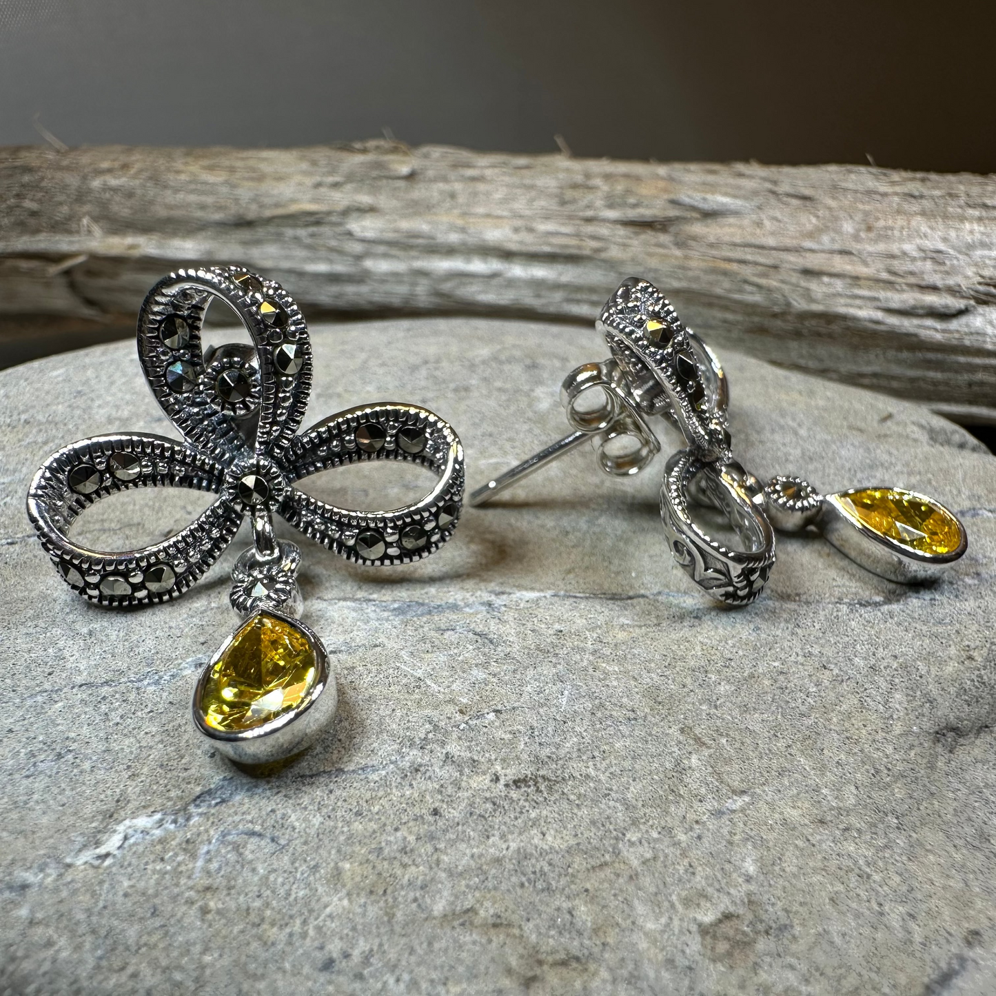 Gemstone Marcasite Bow Stud Earrings