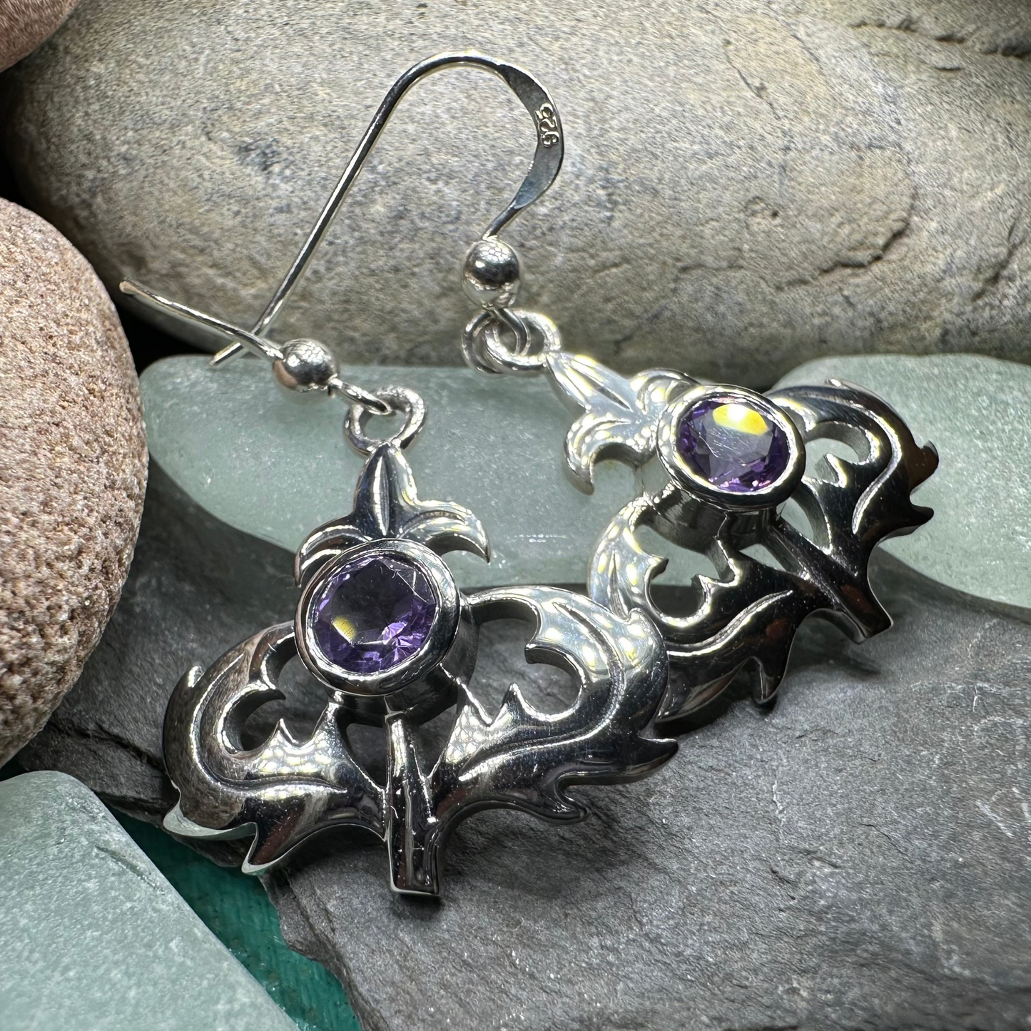 Amethyst Scottish Thistle Earrings in Sterling Silver — view 7