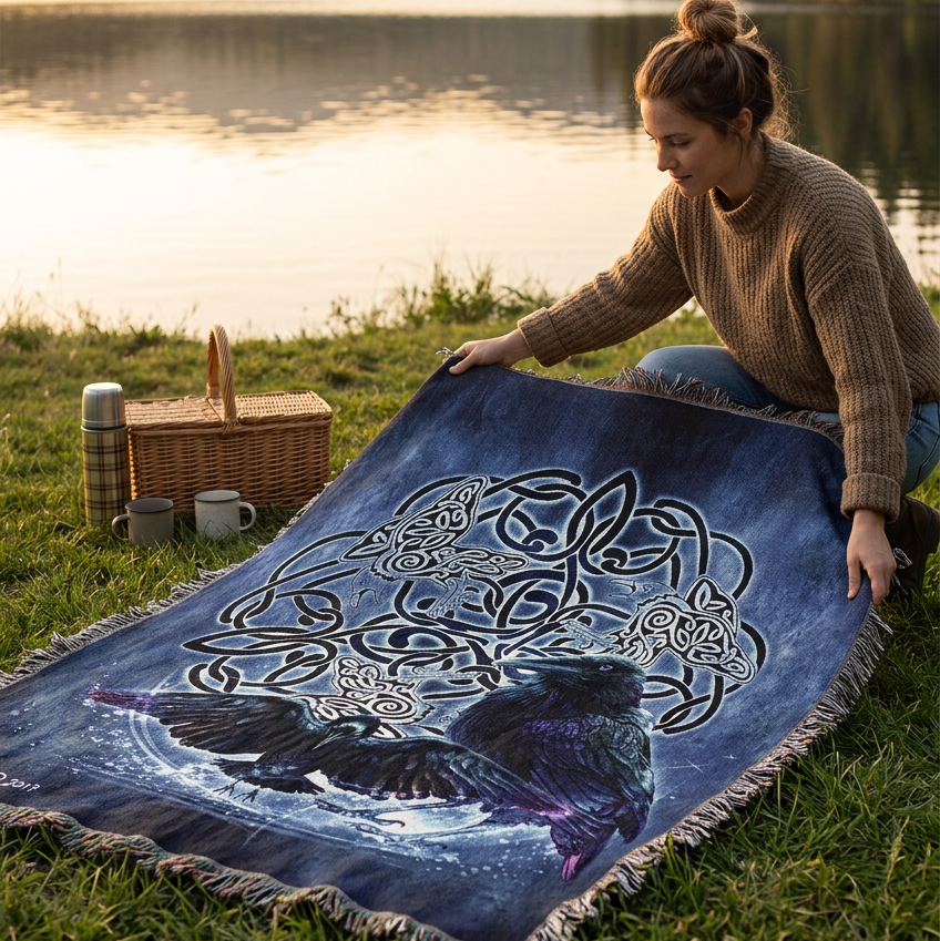 A square woven throw blanket with fringed edges, featuring a dark blue and black Celtic knot design with two raven birds in the center. The blanket is displayed flat against a solid white background.