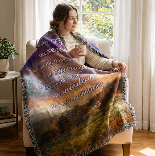A square woven throw blanket with fringe edges, featuring a scenic landscape print of a field and trees under a purple, blue, and orange sky. The text on the blanket reads: 'Just for today God grant me the serenity to accept the things I cannot change, the courage to change the things I can, and the wisdom to know the difference'.