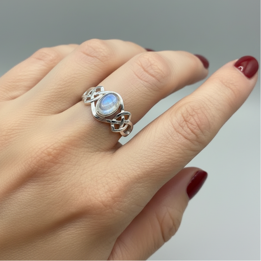 Celeste Celtic Knot Moonstone Ring in Sterling Silver
