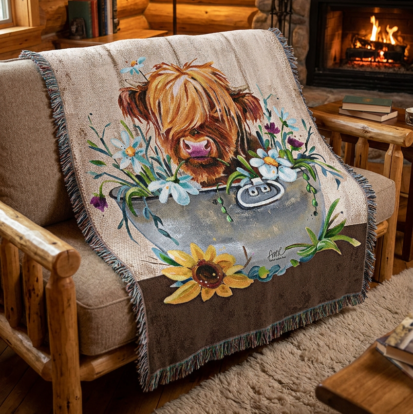 A woven throw blanket with fringed edges featuring a rustic design of a Highland cow in a metal tub surrounded by flowers, set against a white background.