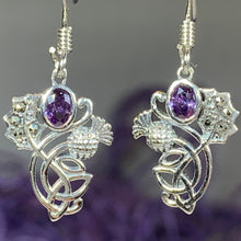 Load image into Gallery viewer, Thistle Earrings, Trinity Knot Jewelry, Celtic Jewelry, Outlander Jewelry, Marcasite Jewelry, Mom Gift, Amethyst Jewelry, Pagan Jewelry