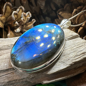 Celtic Night Necklace, Blue Labradorite Pendant, Celtic Jewelry, Anniversary Gift, Silver Wiccan Jewelry, Mom Gift, Large Oval Pendant