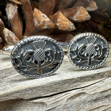 Load image into Gallery viewer, Thistle Cuff Links, Scotland Jewelry, Celtic Jewelry, Dad Gift, Bagpiper Gift, Groom Gift, Best Man Gift, Boyfriend Gift, Husband Gift