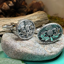 Load image into Gallery viewer, Thistle Cuff Links, Scotland Jewelry, Celtic Jewelry, Dad Gift, Bagpiper Gift, Groom Gift, Best Man Gift, Boyfriend Gift, Husband Gift