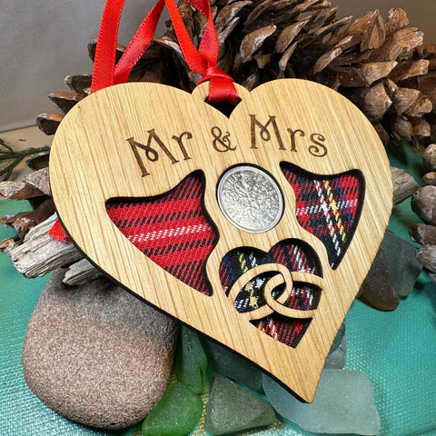 Load image into Gallery viewer, Newlywed Christmas Ornament, Lucky Sixpence, Scotland Gift, Gift for Bride, Tartan Gift, Tree Ornament, Good Luck Gift, Oak Wood Plaque