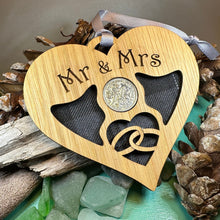 Load image into Gallery viewer, Newlywed Christmas Ornament, Lucky Sixpence, Scotland Gift, Gift for Bride, Tartan Gift, Tree Ornament, Good Luck Gift, Oak Wood Plaque