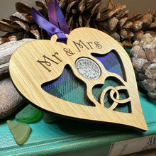 Load image into Gallery viewer, Newlywed Christmas Ornament, Lucky Sixpence, Scotland Gift, Gift for Bride, Tartan Gift, Tree Ornament, Good Luck Gift, Oak Wood Plaque