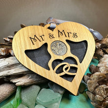 Load image into Gallery viewer, Newlywed Christmas Ornament, Lucky Sixpence, Scotland Gift, Gift for Bride, Tartan Gift, Tree Ornament, Good Luck Gift, Oak Wood Plaque