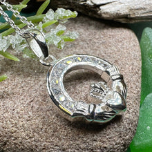 Load image into Gallery viewer, Claddagh Necklace, Celtic Pendant, Irish Jewelry, Bridal Jewelry, Anniversary Gift, Engagement Gift, Girlfriend Gift, Diamond Claddagh Gift