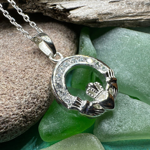 Load image into Gallery viewer, Claddagh Necklace, Celtic Pendant, Irish Jewelry, Bridal Jewelry, Anniversary Gift, Engagement Gift, Girlfriend Gift, Diamond Claddagh Gift