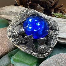 Load image into Gallery viewer, Thistle Brooch, Celtic Jewelry, Scottish Pin, Blue Plaid Pin, Anniversary Gift, Tartan Pin, Retirement Gift, Celtic Jewelry, Scotland Pin