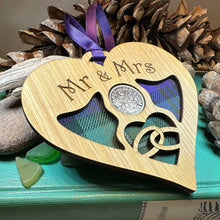 Load image into Gallery viewer, Newlywed Christmas Ornament, Lucky Sixpence, Scotland Gift, Gift for Bride, Tartan Gift, Tree Ornament, Good Luck Gift, Oak Wood Plaque