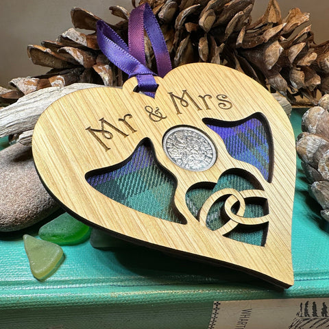 Load image into Gallery viewer, Newlywed Christmas Ornament, Lucky Sixpence, Scotland Gift, Gift for Bride, Tartan Gift, Tree Ornament, Good Luck Gift, Oak Wood Plaque