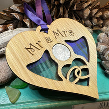 Load image into Gallery viewer, Newlywed Christmas Ornament, Lucky Sixpence, Scotland Gift, Gift for Bride, Tartan Gift, Tree Ornament, Good Luck Gift, Oak Wood Plaque