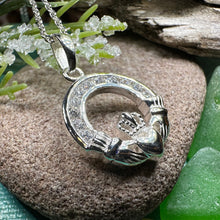 Load image into Gallery viewer, Claddagh Necklace, Celtic Pendant, Irish Jewelry, Bridal Jewelry, Anniversary Gift, Engagement Gift, Girlfriend Gift, Diamond Claddagh Gift