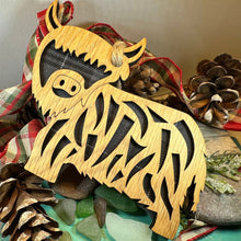 Load image into Gallery viewer, Highland Cow Ornament, Christmas Ornament, Scotland Gift, Scottish Cow, Tartan Gift, Christmas Tree Ornament, Holiday Gift, Oak Wood Plaque