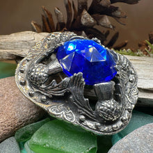Load image into Gallery viewer, Thistle Brooch, Celtic Jewelry, Scottish Pin, Blue Plaid Pin, Anniversary Gift, Tartan Pin, Retirement Gift, Celtic Jewelry, Scotland Pin